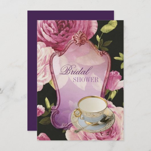パープルバラブライダルシャワーティーパーティの招待状 招待状 (正面/裏面)
