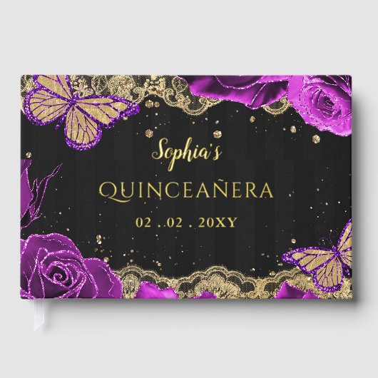 パープルバラブラック金ゴールドレースバタフライキンセアニラ ゲストブック (正面)