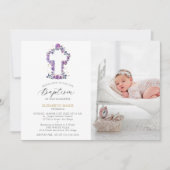 パープルバラホワイトクロスベビー幼児フォトバプテスマ 招待状 (正面)