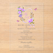 パープルバラリボンモノグラム結婚式招待状 アクリル招待状 (正面)