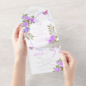パープルバラリボンモノグラム結婚式招待状 オールインワン招待状 (貼ってはがせる)