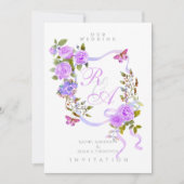 パープルバラリボンモノグラム結婚式招待状 招待状 (正面)