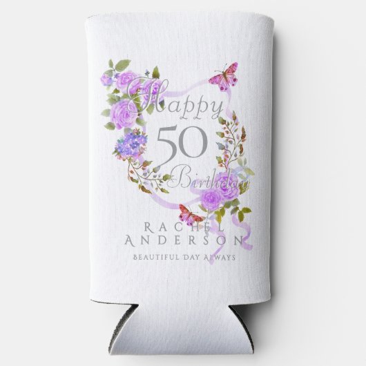 パープルバラリボン誕生日クール スリム缶クーラー (正面)