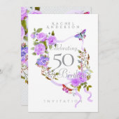 パープルバラリボン誕生日招待状 シーズンカード (正面/裏面)