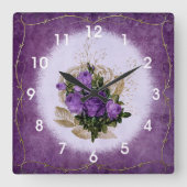 パープルバラヴィンテージスタイルシャビーシック スクエア壁時計 (正面)