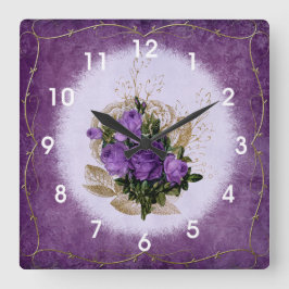 パープルバラヴィンテージスタイルシャビーシック スクエア壁時計