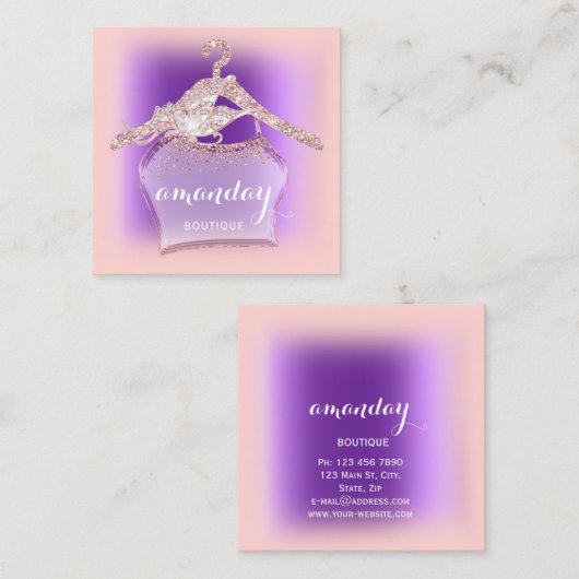 パープルバラ布ハンガーファッションブティック スクエア名刺 (正面/裏面)