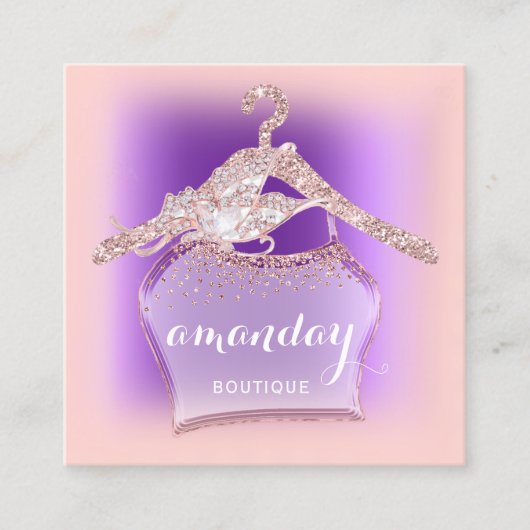 パープルバラ布ハンガーファッションブティック スクエア名刺 (正面)