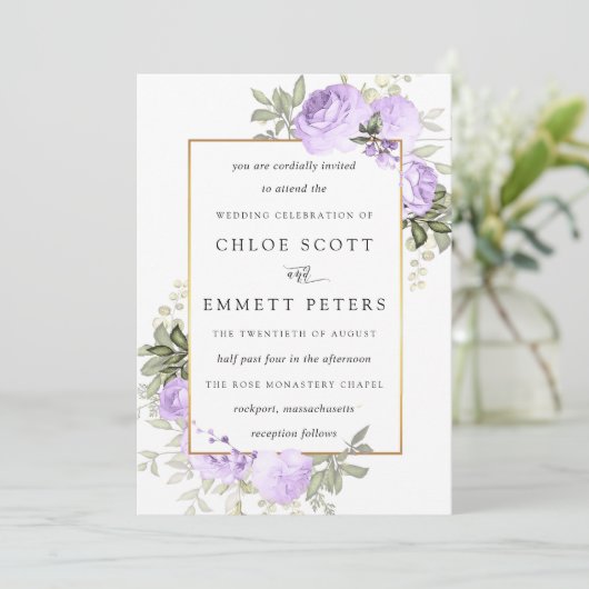 パープルバラ素朴フローラ結婚式招待状 招待状 (スタンド正面)