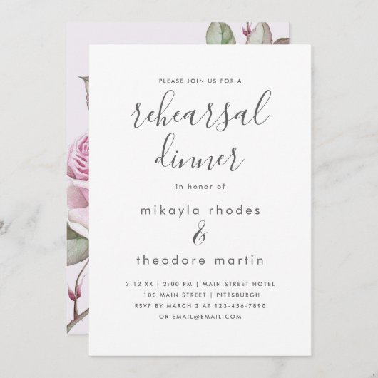 パープルバラ結婚ズのリハーサルのディナーカード 招待状 (正面/裏面)