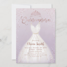 パープルバラ金ゴールドグリッタードレスQuinceanera 招待状