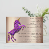 パープルバラ金ゴールドグリッターユニコーンホース誕生日 招待状 (スタンド正面)