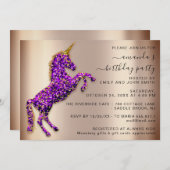 パープルバラ金ゴールドグリッターユニコーンホース誕生日 招待状 (正面/裏面)