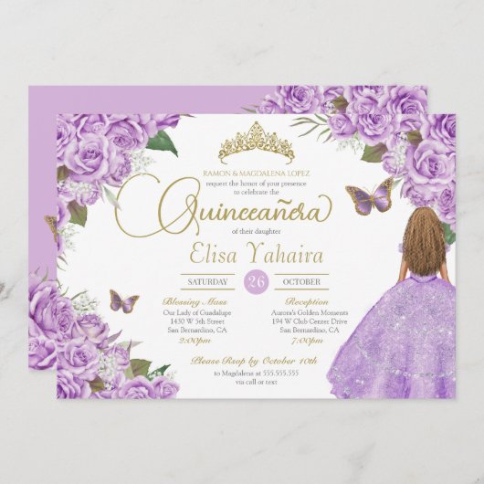 パープルバラ金ゴールドティアラ蝶キンセアニェラ 招待状 (正面/裏面)