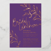 パープルバラ金ゴールドブランチ葉ブライダルランチョン 箔招待状 (正面)