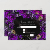 パープルバラ&スカルゴシック結婚式RSVPカード 出欠カード (正面/裏面)