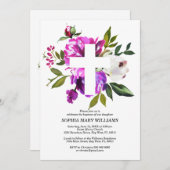 パープルバラ&ホワイトクロスガール洗礼 招待状 (正面/裏面)