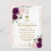 パープルバラ&金ゴールドチャリスファースト聖餐式 招待状 (正面/裏面)