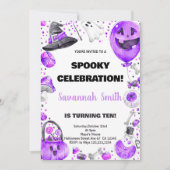 パープルバルーン ハロウィン 誕生日 招待状 (正面)