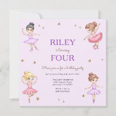 パープルバレリナガールズバースデーパーティー招待状 招待状 (正面)