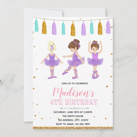 パープルバレリーナ誕生日パーティーの招待 招待状 (正面)