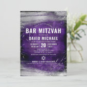 パープルバーはっきりしたモダン（ユダヤ教の）バル・ミツバー型銀箔 招待状 (スタンド正面)