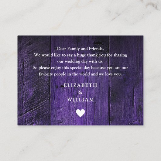 パープルバ素朴ンウッド結婚ズ・サンキュー プレイスカード (裏面)