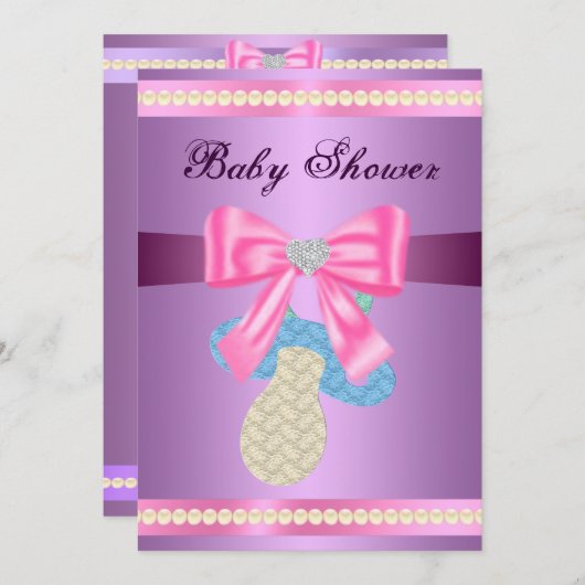 パープルパシファイヤーベビーシャワー招待状 招待状 (正面/裏面)