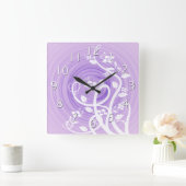 パープルパステルらせん状フィリグリー&フラワーズ スクエア壁時計 (ホーム)
