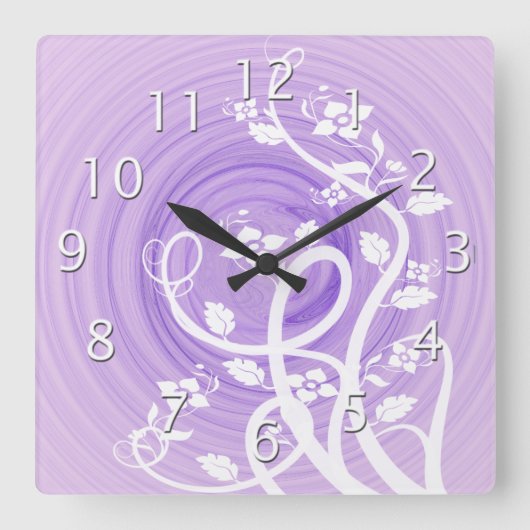 パープルパステルらせん状フィリグリー&フラワーズ スクエア壁時計 (正面)
