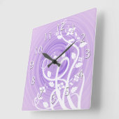 パープルパステルらせん状フィリグリー&フラワーズ スクエア壁時計 (傾斜)