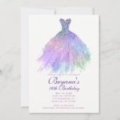 パープルパステルグリッターグラムドレススウィート16パーティー 招待状 (正面)