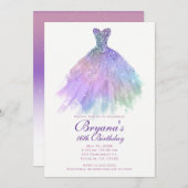 パープルパステルグリッターグラムドレススウィート16パーティー 招待状 (正面/裏面)