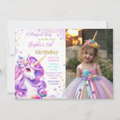 パープルパステルマジカルユニコーン誕生日写真 招待状 (正面)