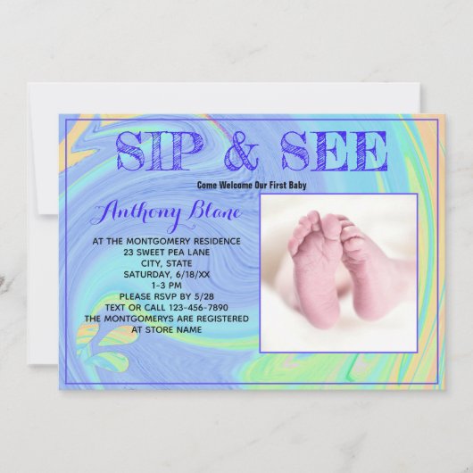 パープルパステル生まれたばかりののSipと参照のカスタム写真 招待状 (正面)