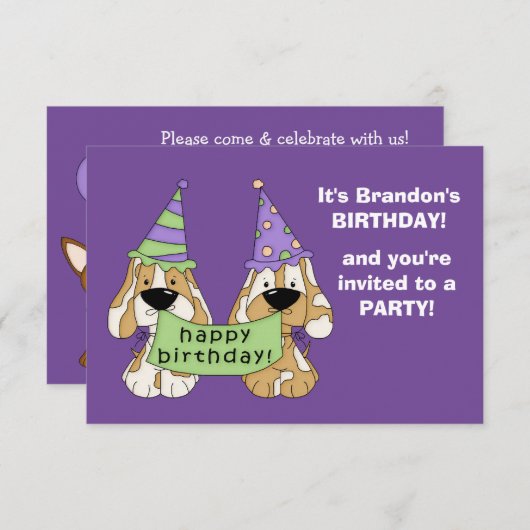 パープルパピーズ子供の誕生日パーティー 招待状 (正面/裏面)