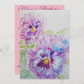 パープルパンシーアートウォーターカラー誕生日招待状 招待状 (正面/裏面)