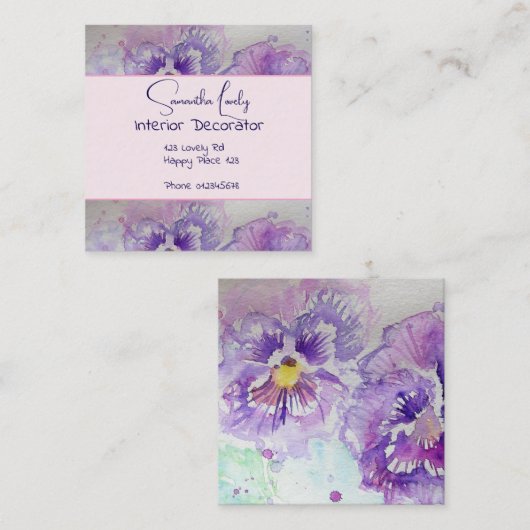 パープルパンシーウォーターカラーパンシーズスクエアセント スクエア名刺 (正面/裏面)