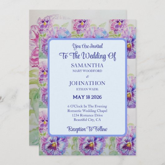 パープルパンシーウォーターカラーフラワー結婚式招待状 招待状 (正面/裏面)