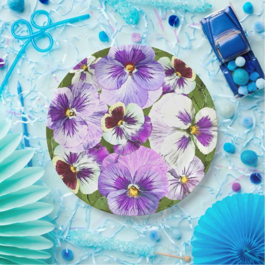 パープルパンシーズオールオーバーボタニカルアート紙プレート ペーパープレート (パーティー)