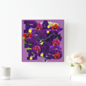 パープルパンシータイポグラフィ スクエア壁時計 (ホーム)