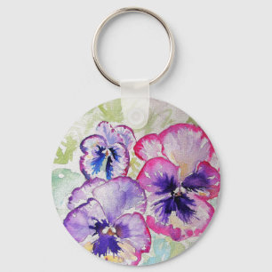 パープルパンシーピンクの花フローラ水彩 キーホルダー