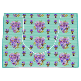 パープルパンシーフラワーズフローラアクアストライプ抱き枕 ラージペーパーバッグ