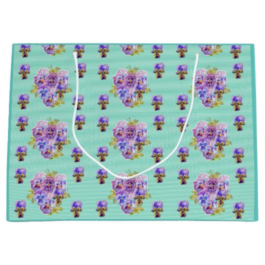 パープルパンシーフラワーズフローラアクアストライプ抱き枕 ラージペーパーバッグ (正面)