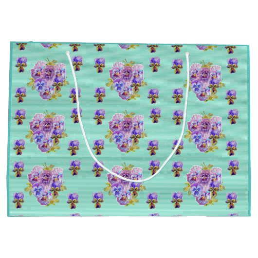 パープルパンシーフラワーズフローラアクアストライプ抱き枕 ラージペーパーバッグ (裏面)