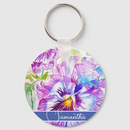 パープルパンシーフラワーフローラ女性名キーリング キーホルダー (正面)