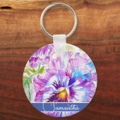 パープルパンシーフラワーフローラ女性名キーリング キーホルダー (正面)