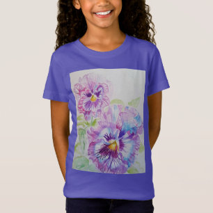 パープルパンシーフローラ水彩画の女の子Tシャツ Tシャツ