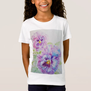 パープルパンジーフローラ水彩画ガールズTシャツ Tシャツ