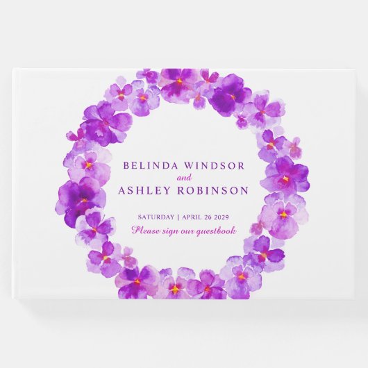 パープルパンジーリースウォーター結婚カラーのゲストブック ゲストブック (正面)